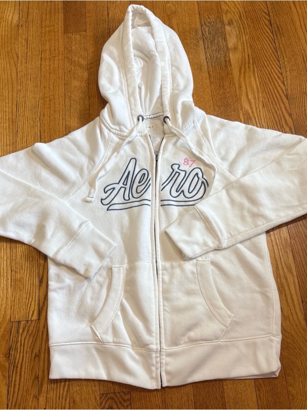 Aeropostale White Zip Hoodie with Navy Logo and Pink Accent